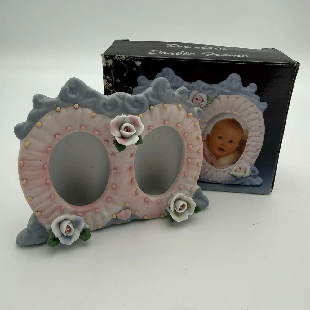 Vintage Sm Porcelain Floral Picture Frames Oval Shabby Chic Baby Tiny Frame Rose